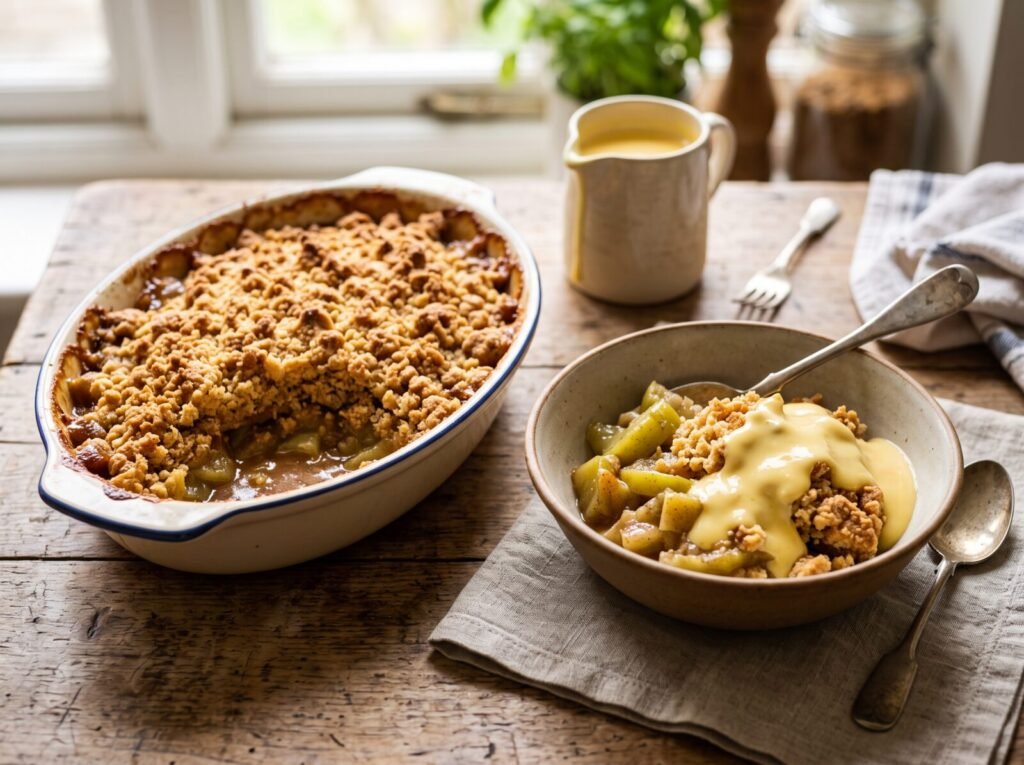 Bramley apple crumble with custard