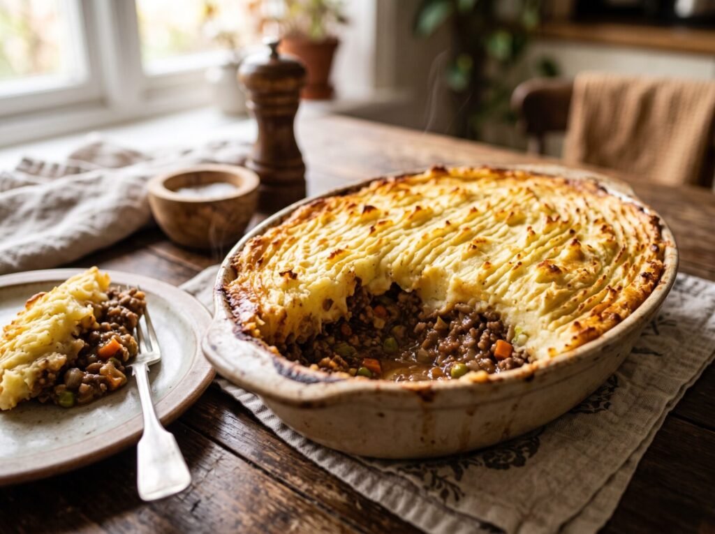 Homemade cottage pie with a golden mashed potato top