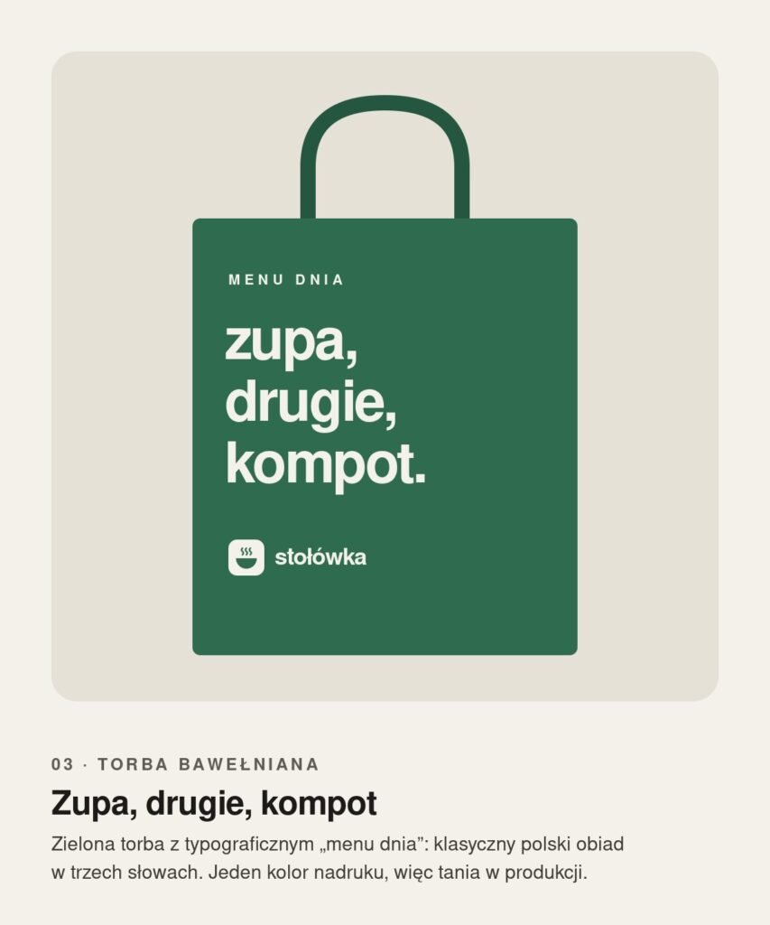 Projekt zielonej torby z napisem zupa, drugie, kompot