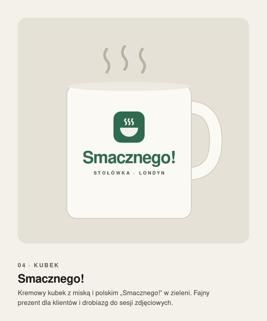 Projekt kremowego kubka z napisem Smacznego!