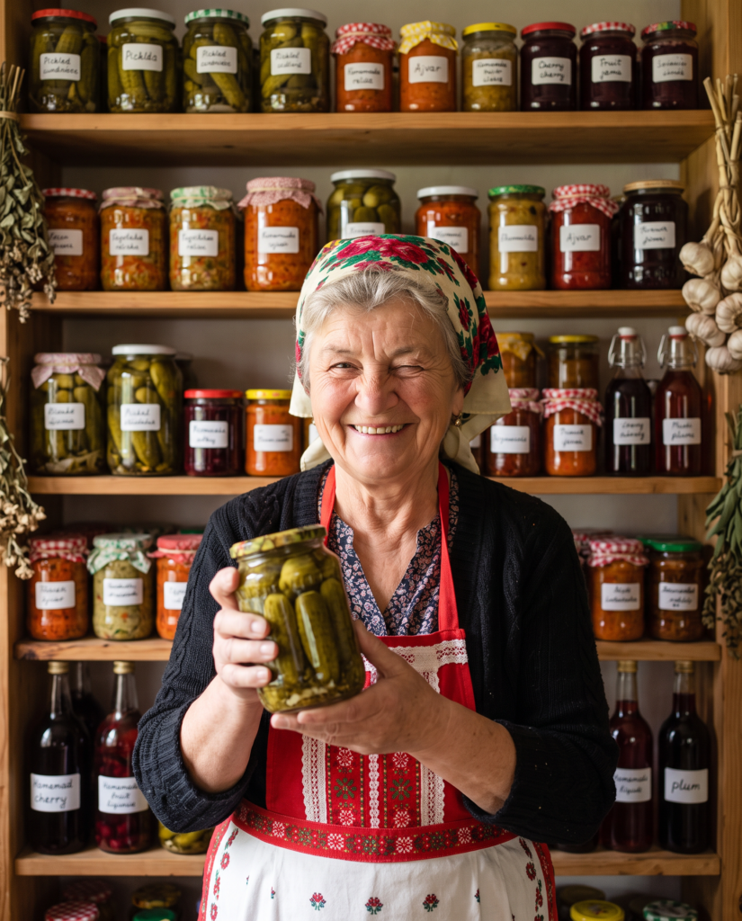 Pani Halinka in her pantry with homemade pickles (AI-generated image)