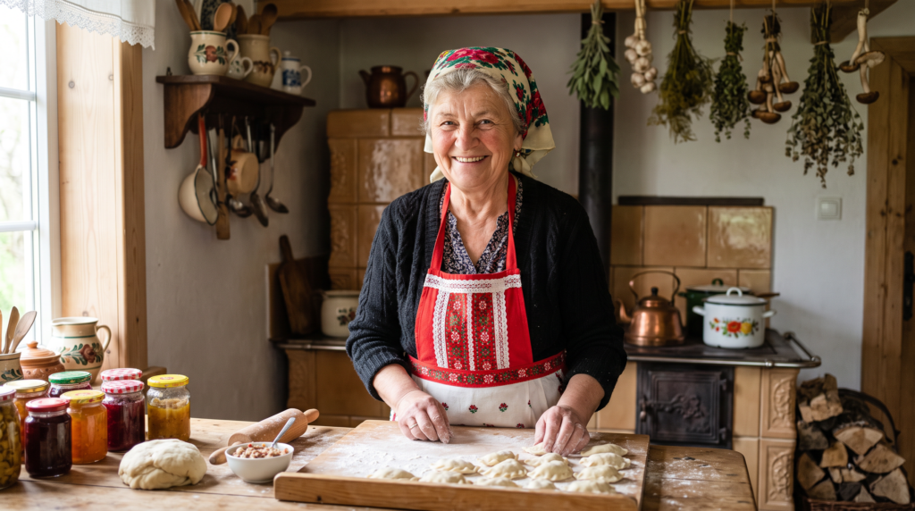 Pani Halinka, AI-generated character, in a rustic Polish kitchen
