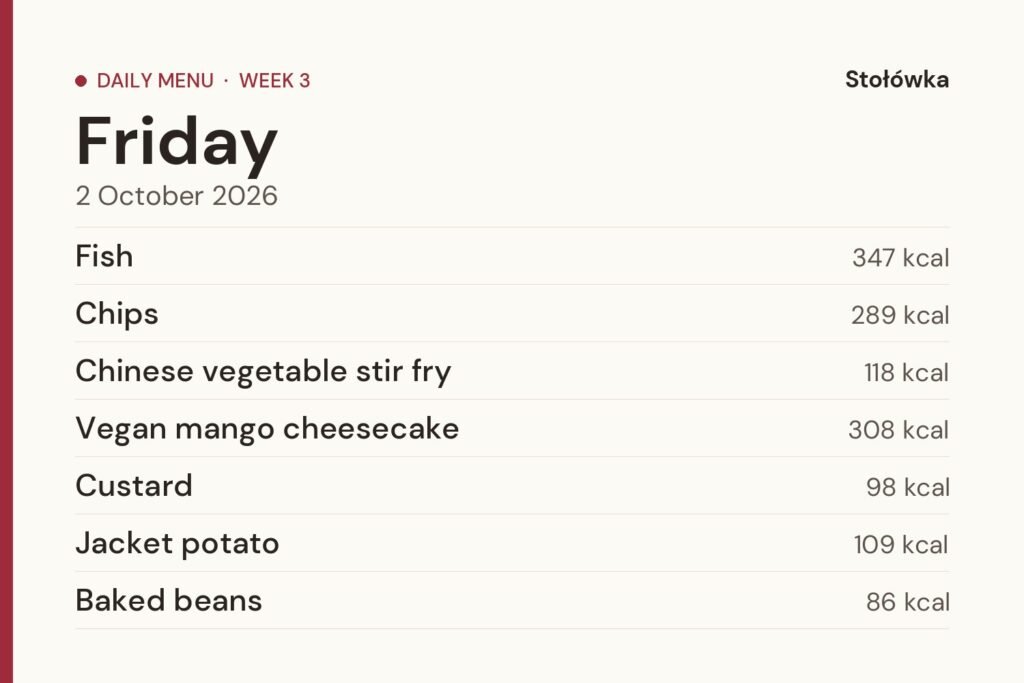 Friday menu for 2 October 2026 with calories for each dish