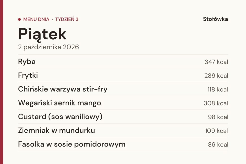 Menu na piątek 2 października 2026 z kaloriami każdego dania